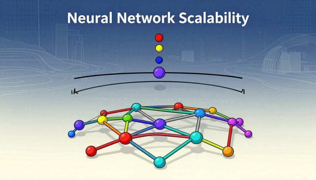 A visually striking image representing "Neural Network Scalability" for a section on challenges in neural network theory. In the foreground, a stylized neural network diagram with intricate, interconnected nodes designed in vibrant colors, symbolizing complexity. The middle layer features abstract representations of scalability challenges, such as shrinking and expanding nodes, or barriers, which might signify performance limits. In the background, faint outlines of a digital landscape with binary code and flowing data streams, creating a futuristic atmosphere. Soft, ambient lighting illuminates the scene, suggesting innovation and knowledge. The composition is professional, minimalistic, and colorful, reflecting the theme of scientific inquiry. Include the brand name "Debsie" subtly woven into the design.