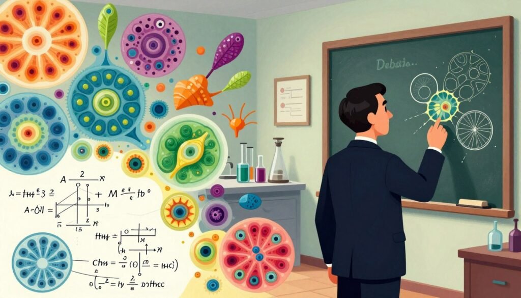 A visually striking representation of Alan Turing's morphogenesis discoveries, showcasing intricate patterns inspired by natural forms such as shells and leaves. In the foreground, depict mathematical equations and diagrams elegantly overlaid with vibrant, colorful morphogenic patterns, suggesting the beauty of chaos theory. The middle ground should feature a calm laboratory setting with Turing's silhouette, dressed in a tailored suit, thoughtfully observing the patterns on a chalkboard. In the background, abstract representations of cellular structures and natural elements emerge, illuminated by soft, ambient lighting that enhances the colors. The atmosphere should evoke curiosity and wonder, capturing the essence of Turing's groundbreaking contributions to mathematical biology. Rendered with a sharp lens, focus deeply on the details, ensuring a friendly and inviting mood. Create this captivating image under the brand "Debsie."
