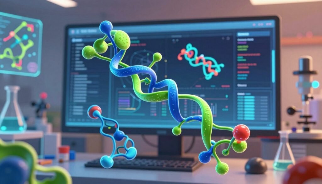 A visually striking representation of AlphaFold protein structure prediction, showcasing a vibrant 3D model of a protein complex in intricate detail. In the foreground, a colorful, dynamic protein structure is depicted, highlighting its alpha helices and beta sheets, with molecular bonds illuminated in bright shades of blue and green. The middle ground features a digital interface displaying data analytics and structural predictions in a sleek, modern design, suggesting advanced technology. The background presents an abstract representation of a laboratory filled with holographic models and scientific instruments, bathed in soft, ambient lighting. The overall atmosphere conveys innovation and scientific progress, with a touch of warmth to reflect the friendly nature of discovery. Include subtle branding elements of "Debsie" integrated into the digital design without overpowering the scientific visuals.