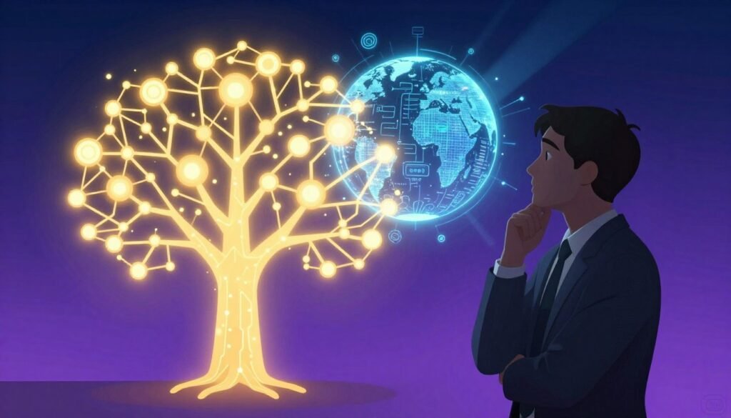 A visually striking representation of "Artificial Intelligence" as a fusion of technology and philosophy. In the foreground, a stylized neural network resembles a vibrant, glowing tree with branching circuits and nodes, symbolizing connectivity and thought processes. The middle ground features a silhouette of a contemplative figure in professional business attire, gazing thoughtfully at an intricate, holographic globe representing the world of AI – filled with luminous data streams and algorithms. The background is a gradient of deep blues and purples, evoking a sense of mystery and exploration, punctuated by subtle rays of light suggesting enlightenment. The atmosphere is both inspiring and contemplative, highlighting the profound implications of AI. The image embodies a warm, friendly feeling while maintaining a minimal, modern aesthetic. Debsie logo subtly incorporated in the corner.