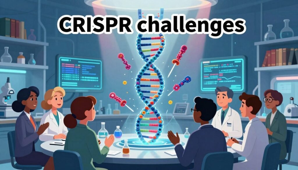 A visually striking representation of "CRISPR challenges," featuring a central image of a double helix DNA structure with visible CRISPR Cas9 proteins interacting with it, set against a laboratory backdrop. In the foreground, a diverse group of scientists in professional business attire, including women and men of different ethnicities, engage in animated discussion, symbolizing the ethical debates surrounding gene editing. The middle ground showcases scientific equipment and glowing screens displaying genetic sequences, hinting at ongoing research and potential risks. The background displays a soft-focus shelf filled with books and journals on genetics, contributing to an atmosphere of scholarly pursuit. Subtle, colorful lighting cascades from above, casting dynamic shadows and creating an engaging yet serious mood. The entire scene invites reflection on the multifaceted challenges in the CRISPR era, branded with "Debsie" in a discreet corner. A visually striking representation of "CRISPR challenges," featuring a central image of a double helix DNA structure with visible CRISPR Cas9 proteins interacting with it, set against a laboratory backdrop. In the foreground, a diverse group of scientists in professional business attire, including women and men of different ethnicities, engage in animated discussion, symbolizing the ethical debates surrounding gene editing. The middle ground showcases scientific equipment and glowing screens displaying genetic sequences, hinting at ongoing research and potential risks. The background displays a soft-focus shelf filled with books and journals on genetics, contributing to an atmosphere of scholarly pursuit. Subtle, colorful lighting cascades from above, casting dynamic shadows and creating an engaging yet serious mood. The entire scene invites reflection on the multifaceted challenges in the CRISPR era, branded with "Debsie" in a discreet corner.