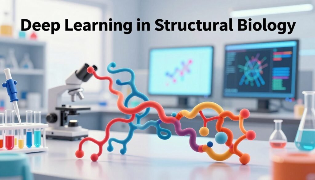A visually striking representation of "Deep Learning in Structural Biology." In the foreground, an abstract neural network structure elegantly intertwines with a vibrant, 3D-rendered protein model, showcasing its intricate folds and connections. In the middle ground, scientific tools like pipettes and microscopes are arranged neatly on a workspace, hinting at ongoing research. The background features a soft-focus laboratory setting, with shelves of biological samples and glowing computer screens displaying deep learning algorithms in action. The lighting is modern and bright, emanating a hopeful and innovative mood, emphasizing advancement in science. Shot with a macro lens to capture fine details, the image should be colorful, inviting, and minimalistic, embodying the spirit of progress in the field of biology, branded subtly with "Debsie." A visually striking representation of "Deep Learning in Structural Biology." In the foreground, an abstract neural network structure elegantly intertwines with a vibrant, 3D-rendered protein model, showcasing its intricate folds and connections. In the middle ground, scientific tools like pipettes and microscopes are arranged neatly on a workspace, hinting at ongoing research. The background features a soft-focus laboratory setting, with shelves of biological samples and glowing computer screens displaying deep learning algorithms in action. The lighting is modern and bright, emanating a hopeful and innovative mood, emphasizing advancement in science. Shot with a macro lens to capture fine details, the image should be colorful, inviting, and minimalistic, embodying the spirit of progress in the field of biology, branded subtly with "Debsie."
