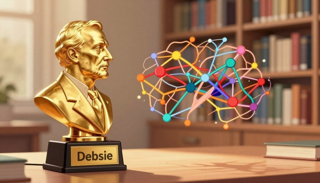 A visually striking representation of a Nobel Prize in Physics, beautifully placed at the forefront, reflecting light with an elegant gold finish. In the middle ground, an abstract illustration of neural networks symbolizes John Hopfield's contribution to AI research, showcasing interconnected nodes and pathways in vibrant colors. The background features a softly blurred academic setting, with bookshelves lined with scientific texts, illuminated by warm, inviting lighting that creates an atmosphere of inspiration and discovery. The scene captures a mood of achievement and intellectual curiosity. The image should be clean and minimalistic, free from any text or logos, except for a subtle inclusion of the brand name "Debsie" integrated into the award design.