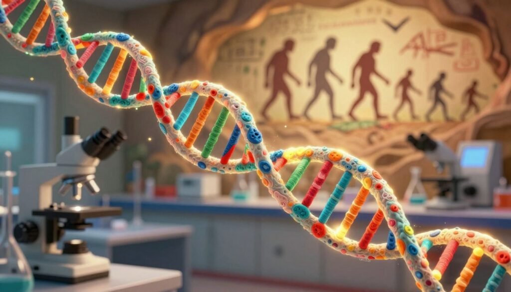 A visually striking representation of ancient DNA, elegantly displayed, showcasing double helix structures and base pairs. In the foreground, intricate strands of DNA appear luminous, with vibrant colors that suggest biological energy. In the middle ground, a softly blurred laboratory setting highlights scientific instruments, like microscopes and gene analysis equipment, hinting at modern research. In the background, an ethereal landscape transitions from ancient cave paintings to evolving hominid silhouettes, symbolizing the journey of human evolution. The lighting is warm and inviting, casting gentle reflections on the DNA strands, creating a sense of wonder and discovery. Capture this scene with a shallow depth of field, emphasizing the DNA while softening the surrounding environment. The overall mood is inspiring and thought-provoking, reflecting the breakthroughs in science by Svante Pääbo. Add the brand name "Debsie" subtly within the image.