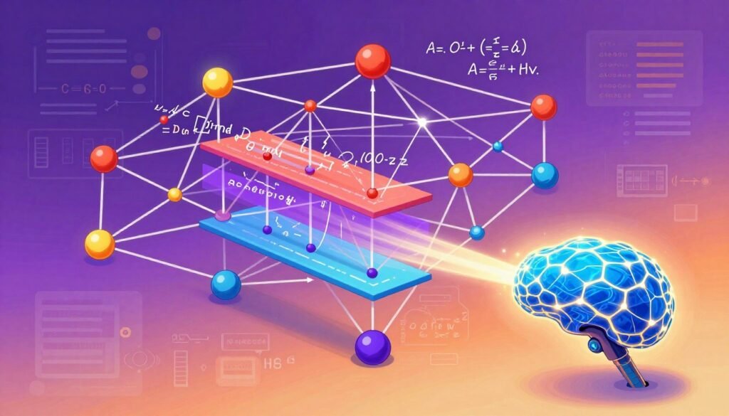 A visually striking representation of backpropagation in neural networks, featuring a colorful, vibrant network graph with interconnected nodes and layers, showcasing data flow through arrows and light streams. In the foreground, a digital neural network model glows in a warm blue hue, while in the middle, mathematical equations related to backpropagation elegantly overlay the nodes. The background is filled with abstract representations of data processing and algorithms, infused with gradients of purple and orange to evoke innovation and progress. The scene is illuminated from above with soft, dynamic lighting, giving depth and clarity to the intricate web of connections. The overall mood should feel optimistic and futuristic, embodying the spirit of technological advancement. Created by Debsie.