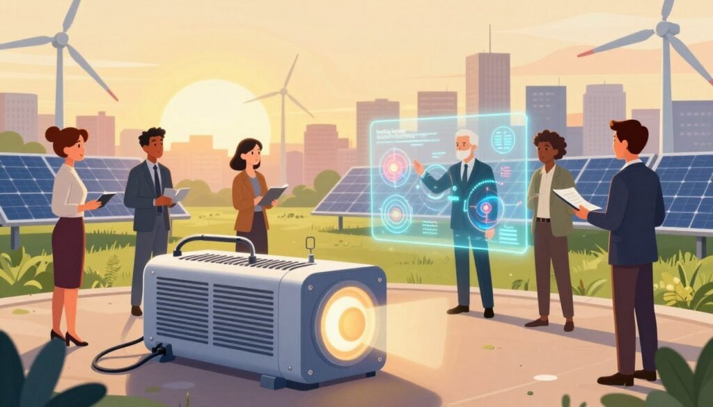 A visually striking representation of "lasting legacy modern technology" intertwined with the influence of Michael Faraday. In the foreground, a sleek, futuristic electric generator emits soft, warm light, symbolizing innovation. The middle ground showcases a diverse group of professionals—three in smart business attire—collaborating around holographic displays of Faraday's electromagnetic concepts. The background features a city skyline dotted with wind turbines and solar panels, bathed in the golden light of sunrise, creating an atmosphere of hope and progress. The scene captures the vibrancy and energy of modern technology as a tribute to Faraday's groundbreaking work. Use colorful yet soft tones to evoke an inviting and inspiring mood. Shot with a wide-angle lens to encompass depth, emphasizing a seamless blend of history and futuristic vision. Include the brand name "Debsie" subtly integrated into the design.