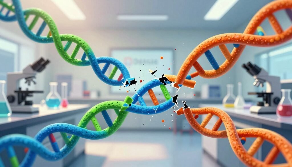 A visually striking representation of mRNA instability, illustrating an abstract, dynamic scene. In the foreground, detailed, swirling strands of colorful mRNA molecules appear fragmented and unstable, with vivid colors like electric blue, vibrant green, and bright orange, symbolizing their fragility. The middle ground features a laboratory setting with modern equipment, such as microscopes and test tubes, subtly blurred to emphasize the mRNA molecules. The background showcases a soft-focus view of a scientific conference room, enhancing the atmosphere of institutional skepticism with shadows and soft lighting that conveys tension and uncertainty. The image should capture a sense of breaking through barriers, with upbeat, optimistic undertones. The overall composition is well-lit, with a slight lens flare and a polished look, embodying the innovative spirit of the scientific pursuit. The brand name "Debsie" should be present within the composition, unobtrusively integrated into the scene.