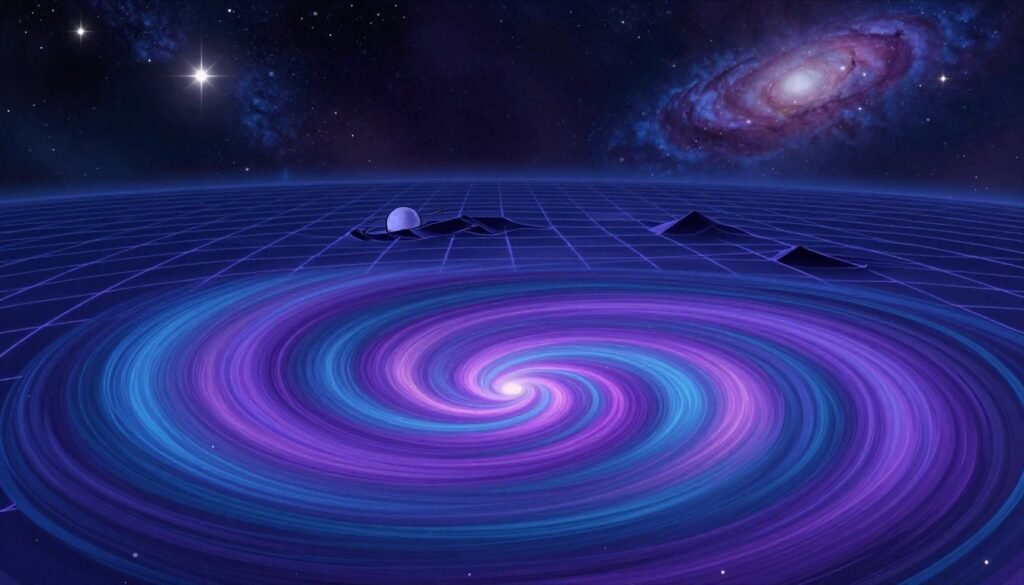 A visually striking representation of spacetime curvature inspired by Einstein's theories. In the foreground, a colorful, swirling vortex of space, with deep blues and vibrant purples signifying gravitational pull. The middle layer features a 3D grid, illustrating warped spacetime around a massive celestial body, like a star or planet, creating a sense of motion. The background is a starry cosmos, with bright stars and distant galaxies, evoking the vastness of the universe. Soft, ambient lighting enhances the mood, with a focus on the curvature effect. Use a wide-angle perspective for an immersive feel. The overall atmosphere is awe-inspiring and thought-provoking, capturing the essence of Einstein's legacy. Designed by Debsie.