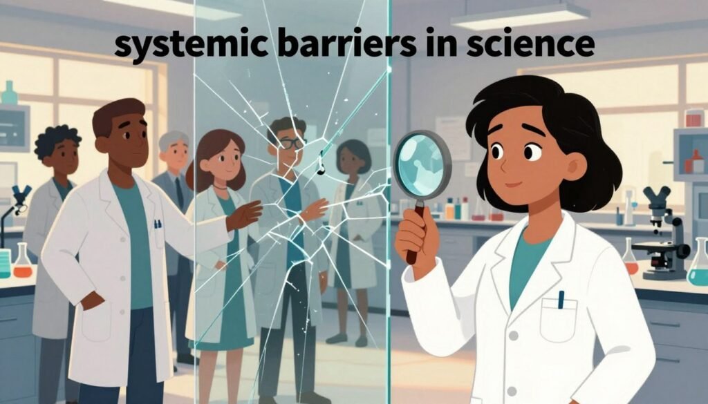 A visually striking representation of "systemic barriers in science," showcasing a diverse group of scientists in professional attire. In the foreground, a female scientist of color stands with a thoughtful expression, holding a magnifying glass, symbolizing thorough examination of systemic issues. In the middle, a transparent wall with fragmented glass panels represents obstacles, with male and female scientists of different ethnicities visible on either side, reaching out as if trying to connect but hindered. The background features a laboratory filled with various scientific equipment, illuminated by soft, warm ambient lighting through large windows, casting gentle shadows. The atmosphere feels contemplative yet hopeful, capturing the essence of perseverance in the face of adversity. Designed for Debsie, this image seeks to inspire and inform about the hidden challenges faced by brilliant minds in science.