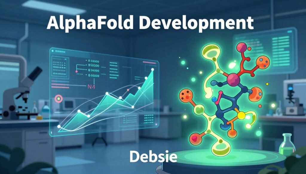 A visually striking representation of the "AlphaFold Development" journey, showcasing key milestones in protein folding innovation. In the foreground, a stylized, illuminated protein structure is displayed prominently, featuring vivid colors that highlight its intricate design. The middle ground includes abstract representations of data and algorithms, with dynamic lines and graphs symbolizing computational breakthroughs. In the background, a laboratory setting is subtly depicted, filled with advanced scientific equipment and holographic projections, creating a sense of cutting-edge technology. Soft blue and green lighting enhances the atmosphere, giving a professional yet inviting feel. The overall tone is optimistic and forward-looking, emphasizing human ingenuity in science. The brand name "Debsie" elegantly integrated into the image complements the theme without overwhelming the composition. A visually striking representation of the "AlphaFold Development" journey, showcasing key milestones in protein folding innovation. In the foreground, a stylized, illuminated protein structure is displayed prominently, featuring vivid colors that highlight its intricate design. The middle ground includes abstract representations of data and algorithms, with dynamic lines and graphs symbolizing computational breakthroughs. In the background, a laboratory setting is subtly depicted, filled with advanced scientific equipment and holographic projections, creating a sense of cutting-edge technology. Soft blue and green lighting enhances the atmosphere, giving a professional yet inviting feel. The overall tone is optimistic and forward-looking, emphasizing human ingenuity in science. The brand name "Debsie" elegantly integrated into the image complements the theme without overwhelming the composition.