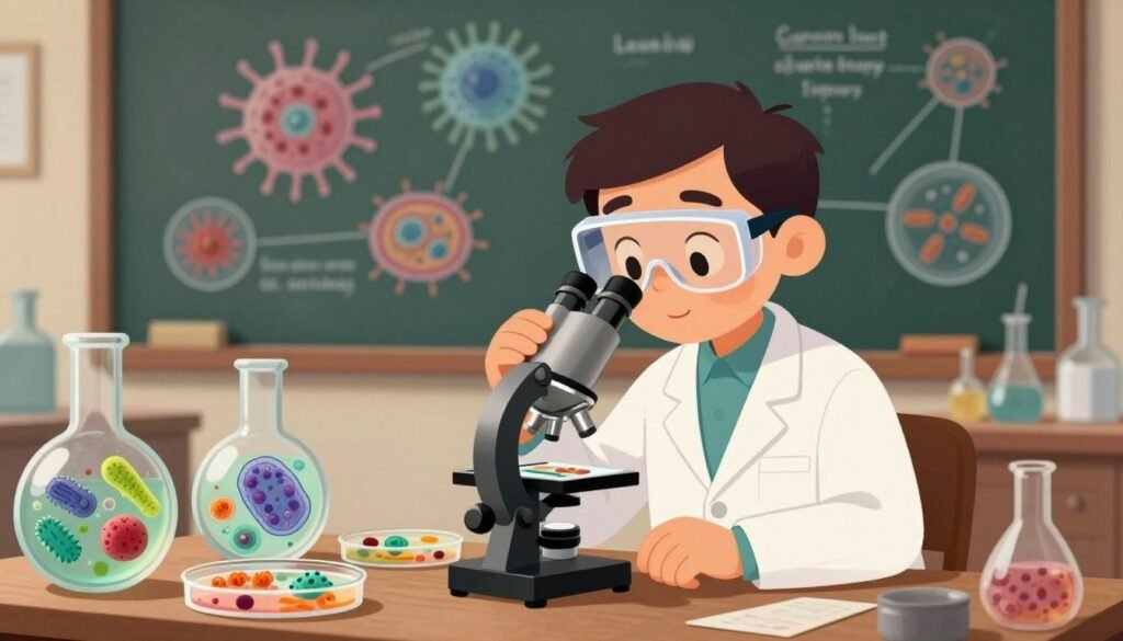 A visually stunning illustration of the concept of germ theory, centered around a vintage laboratory setting. In the foreground, a focused scientist wearing a lab coat and safety goggles observes a microscope with vibrant microbial cultures displayed on slides. The middle ground features glass flasks and petri dishes with colorful bacteria and yeast colonies, showcasing the diversity of microorganisms. In the background, an old chalkboard filled with diagrams of germs, cells, and the principles of germ theory adds historical context. The lighting is warm and inviting, enhancing the sense of discovery, with a soft focus on the background to emphasize the scientist's work. The mood is one of curiosity and innovation, inspiring a sense of scientific exploration. The image should be colorful, helpful, friendly, and minimal, created by Debsie.