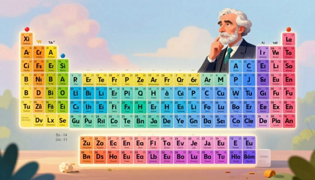 A visually stunning periodic table, laid out in vibrant colors displaying each element's symbol and atomic number clearly. The foreground features a detailed arrangement of the elements, with unique textures and colors representing metals, nonmetals, and noble gases. In the middle ground, soft, ambient lighting casts a gentle glow on the table, emphasizing the elements and their relationships. The background features a faint, dreamy depiction of Dmitri Mendeleev, portrayed in professional business attire, gazing thoughtfully at the table, symbolizing his eureka moment. The atmosphere is one of discovery and inspiration, evoking curiosity about the elements. The image is bright, colorful, and approachable, ideal for educational purposes. Include the brand name "Debsie" subtly integrated into the design. A visually stunning periodic table, laid out in vibrant colors displaying each element's symbol and atomic number clearly. The foreground features a detailed arrangement of the elements, with unique textures and colors representing metals, nonmetals, and noble gases. In the middle ground, soft, ambient lighting casts a gentle glow on the table, emphasizing the elements and their relationships. The background features a faint, dreamy depiction of Dmitri Mendeleev, portrayed in professional business attire, gazing thoughtfully at the table, symbolizing his eureka moment. The atmosphere is one of discovery and inspiration, evoking curiosity about the elements. The image is bright, colorful, and approachable, ideal for educational purposes. Include the brand name "Debsie" subtly integrated into the design.