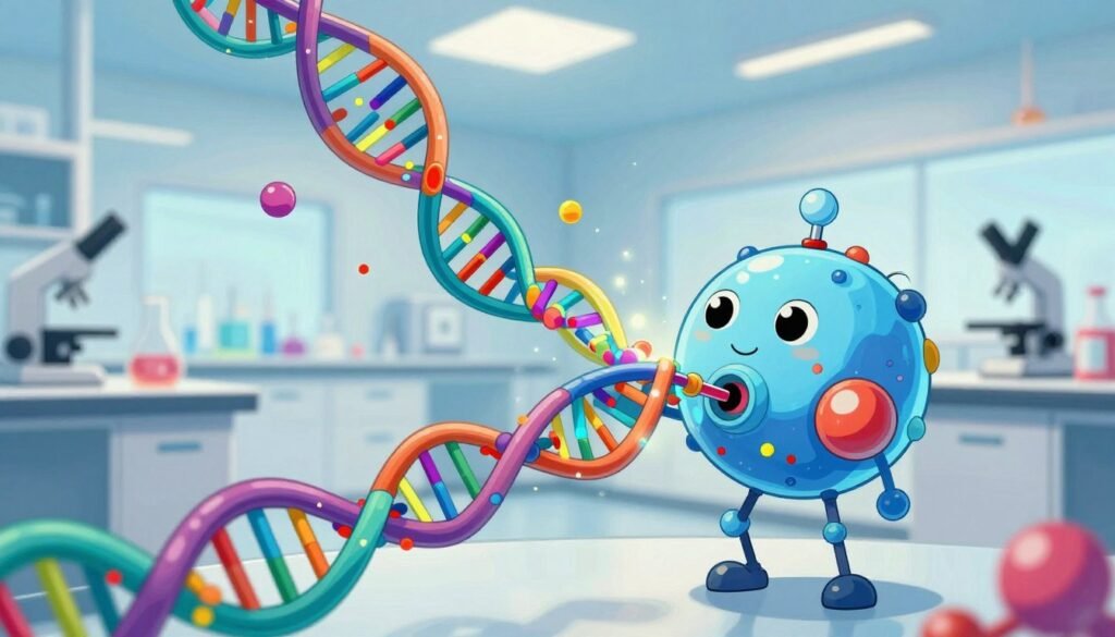 A vivid depiction of CRISPR technology showcasing the intricate edit of DNA. In the foreground, a stylized CRISPR-Cas9 complex resembling a futuristic molecular structure, its components glowing softly to emphasize the cutting-edge nature of the technology. The middle ground features colorful, detailed DNA strands intertwined with vibrant molecular graphs, highlighting the genetic editing process. In the background, a bright laboratory setting filled with modern scientific equipment, soft lighting creating a friendly atmosphere, and reflections from glass surfaces creating depth. The overall mood should convey innovation and excitement in the field of genetics, emphasizing the contributions of women in STEM. The image should be colorful, minimal, and professional, aligning with the brand name "Debsie". A vivid depiction of CRISPR technology showcasing the intricate edit of DNA. In the foreground, a stylized CRISPR-Cas9 complex resembling a futuristic molecular structure, its components glowing softly to emphasize the cutting-edge nature of the technology. The middle ground features colorful, detailed DNA strands intertwined with vibrant molecular graphs, highlighting the genetic editing process. In the background, a bright laboratory setting filled with modern scientific equipment, soft lighting creating a friendly atmosphere, and reflections from glass surfaces creating depth. The overall mood should convey innovation and excitement in the field of genetics, emphasizing the contributions of women in STEM. The image should be colorful, minimal, and professional, aligning with the brand name "Debsie".