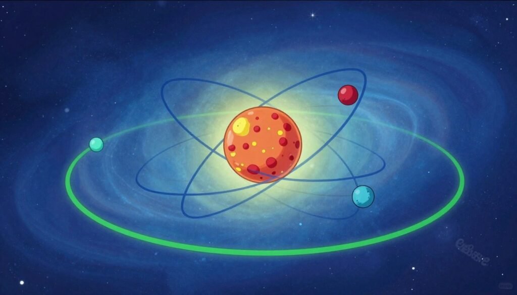 A vivid depiction of the Bohr atomic model, showcasing an electron orbiting around a central nucleus composed of protons and neutrons. In the foreground, highlight the colorful orbits, rendered in vibrant blue and green hues, representing the paths of electrons. The middle layer features the nucleus, detailed with speckles of red and yellow, illustrating the complexity of atomic structure. The background should be a gradient of deep space blue, resembling the infinity of the cosmos, with twinkling stars subtly integrated. The lighting is soft yet bright, giving a sense of scientific wonder and discovery. Capture this scene using a slightly angled perspective, mimicking a lens effect for depth. The overall atmosphere should evoke curiosity and inspiration, suitable for conveying the philosophical impact of Bohr's work. Branding should read "Debsie" in a subtle corner, enhancing the professional aesthetic.