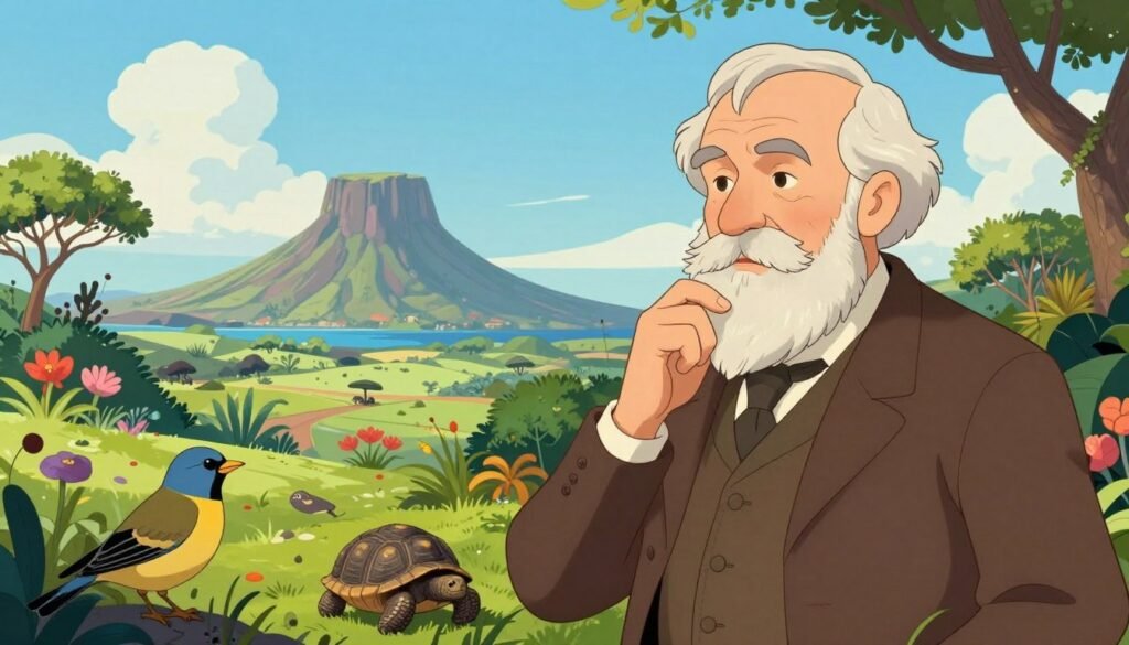 A vivid illustration of Charles Darwin in a serene, natural setting symbolizing the Theory of Evolution. In the foreground, depict Darwin as a thoughtful, middle-aged scientist in modest, professional clothing, surrounded by a variety of species, such as finches and tortoises, that hint at his discoveries. In the middle ground, illustrate a lush, vibrant landscape featuring the Galápagos Islands, complete with diverse flora and fauna. The background should showcase a clear blue sky with soft clouds, enhancing the tranquil atmosphere. Use warm, natural lighting to create an inviting mood. Capture the scene with a slightly low angle, emphasizing both Darwin's significance and the beauty of nature, reflecting the theme of evolution. Ensure a colorful and clean aesthetics. Brand: Debsie.