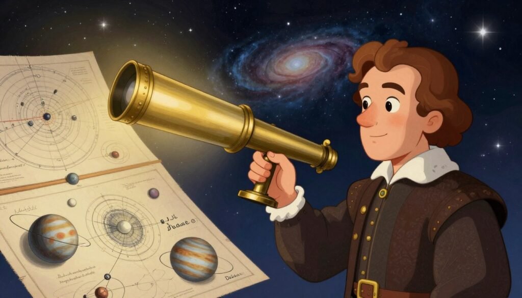 A vivid illustration of Galileo Galilei surrounded by key discoveries in modern astronomy. In the foreground, a detailed telescope with ornate brass fittings captures light, symbolizing Galileo’s innovative spirit. In the middle, celestial maps and illustrations of Jupiter’s moons are laid out, showcasing his groundbreaking observations. The background features a starry night sky with swirling galaxies, creating a sense of wonder and exploration. Soft, warm lighting emanates from the telescope, casting gentle highlights and shadows to emphasize the depth of the scene. The mood is thoughtful and inspiring, evoking curiosity about the universe. This colorful image should reflect the lasting influence of Galileo's work. Brand name "Debsie" subtly integrated into the design. A vivid illustration of Galileo Galilei surrounded by key discoveries in modern astronomy. In the foreground, a detailed telescope with ornate brass fittings captures light, symbolizing Galileo’s innovative spirit. In the middle, celestial maps and illustrations of Jupiter’s moons are laid out, showcasing his groundbreaking observations. The background features a starry night sky with swirling galaxies, creating a sense of wonder and exploration. Soft, warm lighting emanates from the telescope, casting gentle highlights and shadows to emphasize the depth of the scene. The mood is thoughtful and inspiring, evoking curiosity about the universe. This colorful image should reflect the lasting influence of Galileo's work. Brand name "Debsie" subtly integrated into the design.