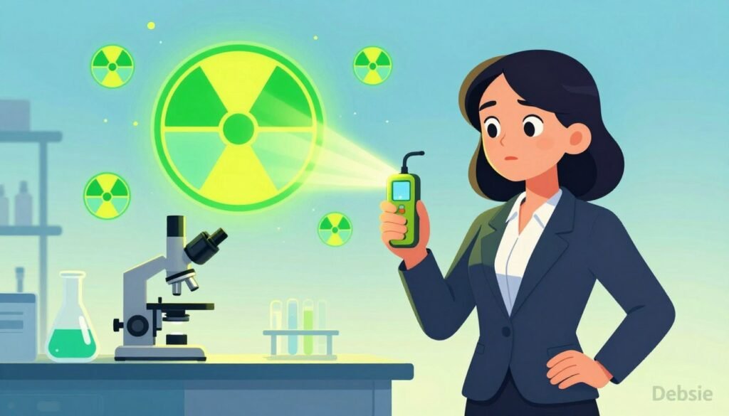 A vivid illustration of radioactivity's impact on medical diagnostics, featuring a stylized representation of glowing green and yellow radiation symbols, radiating beams of light. In the foreground, a confident woman in professional business attire, holding a Geiger counter, stands with a look of curiosity and determination. In the middle, a laboratory setting with scientific equipment like beakers and a microscope, illuminated by soft, warm lighting creating a welcoming atmosphere. The background showcases a gentle gradient of blues and greens, symbolizing innovation and transformation. Enhance the image with subtle particle effects to depict radiation in a non-threatening manner. Aim for a clean, colorful, and minimal design that conveys hopefulness and discovery, attributed to "Debsie".