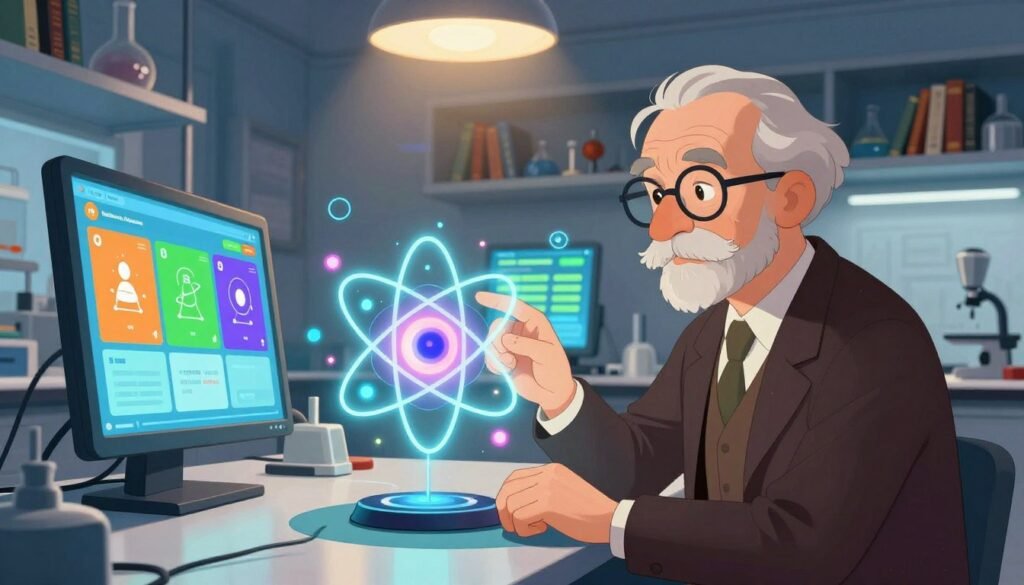 A vivid portrayal of Niels Bohr in a modern laboratory, surrounded by innovative learning tools. In the foreground, Bohr, depicted as a thoughtful scientist in professional attire, examines a holographic model of an atom, concentrating on its structure. The middle ground showcases interactive digital interfaces displaying gamified educational content related to his discoveries, with vibrant colors emphasizing engagement and curiosity. The background features sleek shelves filled with scientific books and elements of quantum mechanics, softly illuminated by warm overhead lights, creating an inviting atmosphere. The scene is framed from a slightly elevated angle to capture the dynamic environment. A logo for "Debsie" is subtly integrated into one of the digital interfaces, enhancing the educational theme. The overall mood is inspiring and encouraging, reflecting a spirit of discovery and learning.