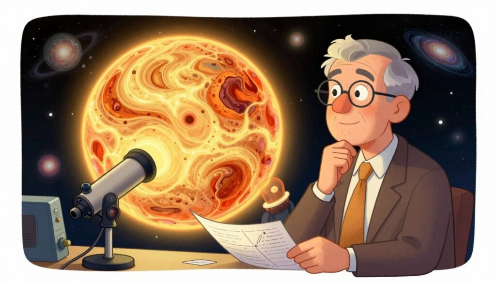 A vivid representation of Carl Sagan’s contributions to understanding Venus, featuring a detailed, colorful illustration. In the foreground, show a thoughtful Carl Sagan, depicted in professional attire, examining a model of Venus with scientific instruments like a telescope and charts. The middle section highlights a glowing, textured depiction of Venus's atmosphere swirling with clouds, showcasing its greenhouse effect and volcanic landscapes. In the background, a starry space filled with distant galaxies enhances the cosmic perspective. Soft, warm lighting creates an inviting atmosphere, emphasizing the wonder of discovery. The composition captures the essence of exploration and knowledge, designed to be colorful, friendly, and minimal, branded with "Debsie". A vivid representation of Carl Sagan’s contributions to understanding Venus, featuring a detailed, colorful illustration. In the foreground, show a thoughtful Carl Sagan, depicted in professional attire, examining a model of Venus with scientific instruments like a telescope and charts. The middle section highlights a glowing, textured depiction of Venus's atmosphere swirling with clouds, showcasing its greenhouse effect and volcanic landscapes. In the background, a starry space filled with distant galaxies enhances the cosmic perspective. Soft, warm lighting creates an inviting atmosphere, emphasizing the wonder of discovery. The composition captures the essence of exploration and knowledge, designed to be colorful, friendly, and minimal, branded with "Debsie".