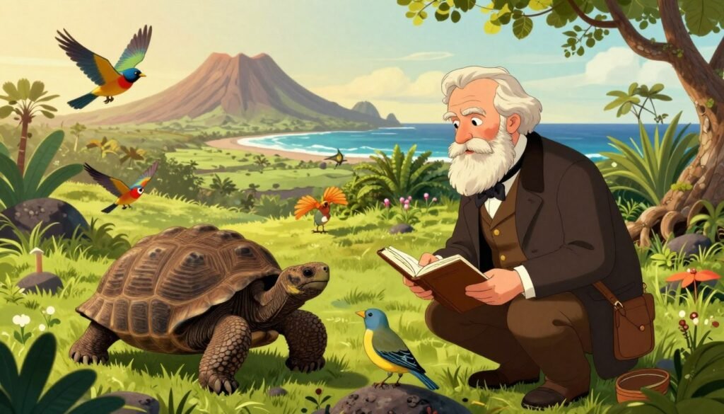 A vivid scene depicting Charles Darwin observing diverse wildlife in the Galapagos Islands. In the foreground, show Darwin, dressed in 19th-century explorer attire, intently examining a tortoise and a finch, with a notebook in hand. The middle ground features lush greenery and unique plants characteristic of the islands, while colorful birds flutter nearby. In the background, softly lit volcanic landscapes and distant ocean waves create a serene atmosphere. The lighting is warm and natural, casting gentle shadows that enhance the vivid colors of the wildlife and flora. Capture this scientifically rich environment with a wide-angle view to emphasize the harmony of nature. The image should embody curiosity and discovery, reflecting the essence of Darwin’s groundbreaking work. Brand name "Debsie" subtly integrated into the scene. A vivid scene depicting Charles Darwin observing diverse wildlife in the Galapagos Islands. In the foreground, show Darwin, dressed in 19th-century explorer attire, intently examining a tortoise and a finch, with a notebook in hand. The middle ground features lush greenery and unique plants characteristic of the islands, while colorful birds flutter nearby. In the background, softly lit volcanic landscapes and distant ocean waves create a serene atmosphere. The lighting is warm and natural, casting gentle shadows that enhance the vivid colors of the wildlife and flora. Capture this scientifically rich environment with a wide-angle view to emphasize the harmony of nature. The image should embody curiosity and discovery, reflecting the essence of Darwin’s groundbreaking work. Brand name "Debsie" subtly integrated into the scene.