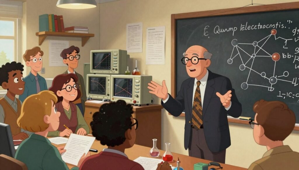 A vivid scene depicting Richard Feynman immersed in his discoveries related to Quantum Electrodynamics. In the foreground, Feynman, dressed in a professional suit, is animatedly discussing with a diverse group of physicists, all engaged and looking at a blackboard filled with complex equations and diagrams illustrating particle interactions. The middle ground features scientific instruments like oscilloscopes and graphs, emphasizing the experimental side of physics. The background includes a cozy laboratory setting with shelves of books and research papers, bathed in warm lighting to create an inviting atmosphere. Use a soft focus lens effect to enhance the mood, suggesting a dynamic exchange of ideas. The overall color palette should be vibrant yet academic, reflecting the excitement of discovery. Designed for Debsie.