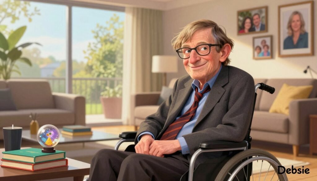 A warm, inviting scene capturing Stephen Hawking in a cozy, personal moment. In the foreground, Hawking is depicted smiling, wearing smart casual attire, seated in his wheelchair, surrounded by colorful books and inspirational objects that reflect his passion for science. In the middle ground, a sleek, modern living room with large windows showcases a glimpse of the outdoors, bathed in soft, natural light streaming in, creating a gentle warmth. The background features a wall with framed photographs of family and friends, emphasizing his human connections. The overall mood is friendly and uplifting, evoking curiosity about the man behind the genius. The image is painted in bright, vivid colors with soft focus effects, enhancing the atmosphere of comfort and intellect. Logo of "Debsie" elegantly integrated into the corner.