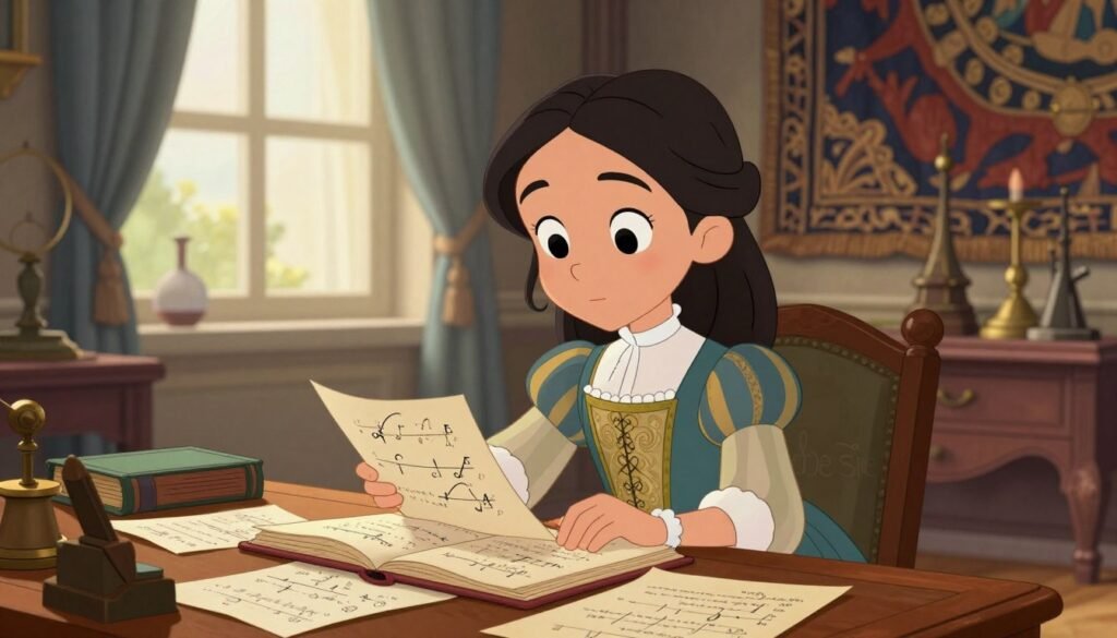 A young Ada Lovelace in her early years, depicted as a curious and intelligent girl around the age of 10. She has long, dark hair styled modestly, wearing a flowing, elegant Victorian dress with intricate patterns that reflect her aristocratic background. In the foreground, she is engaged with mathematical books and notes scattered around a beautifully antique wooden desk. The middle ground features soft lighting from a window, highlighting her thoughtful expression as she gazes at the pages. The background captures a grand, lavish study adorned with rich tapestries and scientific instruments, creating an atmosphere of scholarly pursuit. The overall mood is one of inspiration and wonder. The scene is vibrant and inviting, designed to reflect the essence of Ada's formative years in a colorful, friendly manner. The image is branded with “Debsie”.