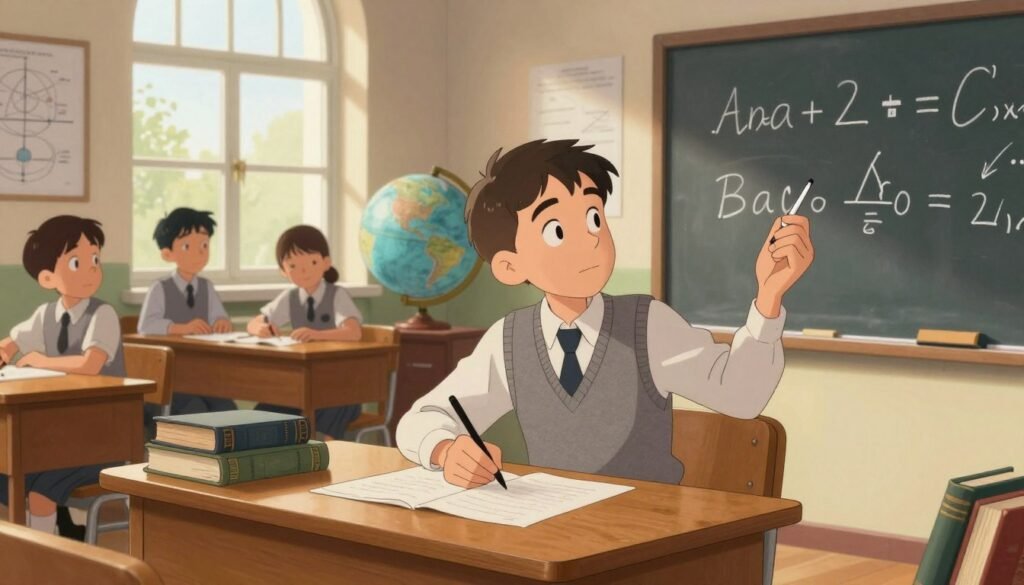 A young Alan Turing, age around 15, sitting at a wooden desk in a quaint 1920s classroom filled with books and scientific charts, with a large window letting in soft, warm sunlight. He is dressed in a modest school uniform, focused on a math problem scribbled on a chalkboard nearby. In the background, students are engaged in light discussion, and a globe stands in the corner, symbolizing his global thinking. The mood is one of curiosity and academic brilliance, with vibrant colors highlighting the learning environment. The scene is captured from a slightly elevated angle, giving a sense of depth to the classroom setting. --v 5 --ar 16:9 --q 2 --style Debsie