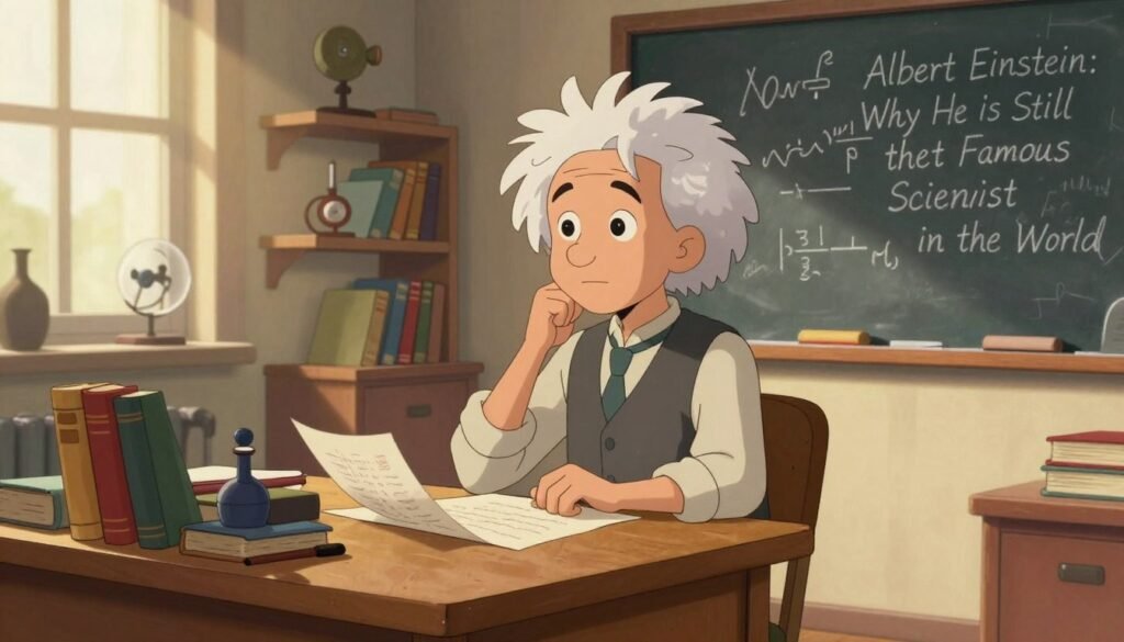 A young Albert Einstein seated at a small, cluttered desk in a cozy study filled with books, papers, and a chalkboard covered in mathematical equations. He has a thoughtful expression, wearing modest casual clothing with a simple shirt and waistcoat. Soft, warm lighting filters through a nearby window, casting gentle shadows across the scene. In the background, shelves are filled with scientific instruments and classic literature, hinting at his early curiosity and intellect. The overall atmosphere is inspirational and reflective, evoking the spirit of a brilliant mind in the making. Use vibrant colors to bring life to the image, ensuring that it captures the essence of a young genius at work for the article "Albert Einstein: Why He Is Still the Most Famous Scientist in the World" by Debsie. A young Albert Einstein seated at a small, cluttered desk in a cozy study filled with books, papers, and a chalkboard covered in mathematical equations. He has a thoughtful expression, wearing modest casual clothing with a simple shirt and waistcoat. Soft, warm lighting filters through a nearby window, casting gentle shadows across the scene. In the background, shelves are filled with scientific instruments and classic literature, hinting at his early curiosity and intellect. The overall atmosphere is inspirational and reflective, evoking the spirit of a brilliant mind in the making. Use vibrant colors to bring life to the image, ensuring that it captures the essence of a young genius at work for the article "Albert Einstein: Why He Is Still the Most Famous Scientist in the World" by Debsie.