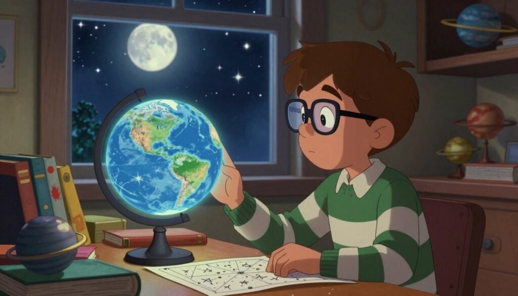 A young Carl Sagan, around 10 years old, is depicted in the foreground, sitting at a cluttered desk filled with books and star charts, wearing a striped sweater and glasses. His expression is one of curiosity and wonder as he gazes at a glowing globe of the Earth. In the middle ground, a window reveals a starlit night sky, speckled with twinkling stars and a prominent full moon, casting a soft light into the room. The background features shelves filled with science books and models of planets, highlighting his intellectual awakening. The scene is warm and inviting, with a cozy atmosphere. Soft, diffused lighting creates a nostalgic mood, captured from a slightly elevated angle to encompass the details of his surroundings. This image should embody a sense of discovery and inspiration. Debsie. A young Carl Sagan, around 10 years old, is depicted in the foreground, sitting at a cluttered desk filled with books and star charts, wearing a striped sweater and glasses. His expression is one of curiosity and wonder as he gazes at a glowing globe of the Earth. In the middle ground, a window reveals a starlit night sky, speckled with twinkling stars and a prominent full moon, casting a soft light into the room. The background features shelves filled with science books and models of planets, highlighting his intellectual awakening. The scene is warm and inviting, with a cozy atmosphere. Soft, diffused lighting creates a nostalgic mood, captured from a slightly elevated angle to encompass the details of his surroundings. This image should embody a sense of discovery and inspiration. Debsie.