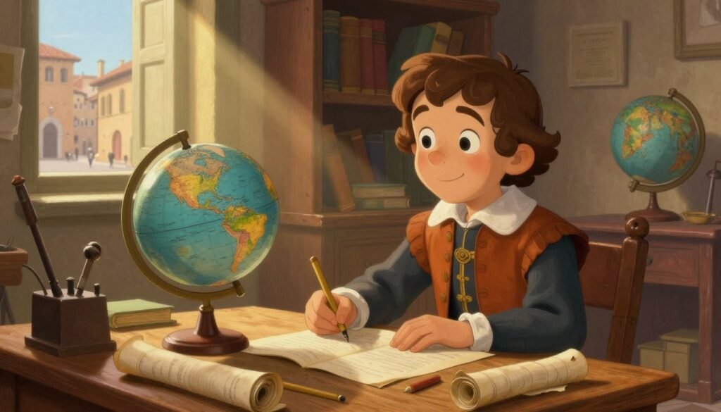 A young Galileo Galilei, around 10 years old, is depicted in his vibrant childhood environment in Pisa, Italy. In the foreground, he is seated at a wooden table cluttered with scrolls, a small globe, and simple scientific instruments. His youthful face is illuminated by warm, soft sunlight streaming through a window, casting gentle shadows across the room. In the middle ground, a bookshelf filled with books and a globe are visible, hinting at his inquisitive nature. The background features a quaint Italian street view, showcasing the architecture of the period. The mood is curious and inspiring, reflecting the early thirst for knowledge that characterized Galileo's life. The image is colorful and engaging, designed for a friendly atmosphere. Rendered in a painterly style by Debsie. A young Galileo Galilei, around 10 years old, is depicted in his vibrant childhood environment in Pisa, Italy. In the foreground, he is seated at a wooden table cluttered with scrolls, a small globe, and simple scientific instruments. His youthful face is illuminated by warm, soft sunlight streaming through a window, casting gentle shadows across the room. In the middle ground, a bookshelf filled with books and a globe are visible, hinting at his inquisitive nature. The background features a quaint Italian street view, showcasing the architecture of the period. The mood is curious and inspiring, reflecting the early thirst for knowledge that characterized Galileo's life. The image is colorful and engaging, designed for a friendly atmosphere. Rendered in a painterly style by Debsie.