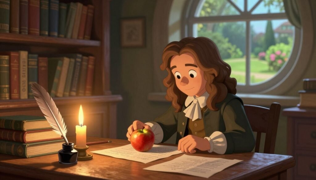 A young Isaac Newton sitting at a wooden desk in a softly lit study, surrounded by books and papers, symbolizing his early curiosity in science. In the foreground, a quill and inkpot sit beside a glowing candle, casting a warm amber light. In the middle, Newton, dressed in modest early 17th-century attire, is intently observing an apple resting on the table, a nod to his famed gravitational theories. The background features shelves filled with classical texts and a large, rounded window revealing a tranquil garden, enhancing the serene atmosphere. The overall mood should evoke inspiration and intellectual curiosity, with a color palette of warm browns, soft greens, and hints of sunlight filtering through the window. Design by Debsie. A young Isaac Newton sitting at a wooden desk in a softly lit study, surrounded by books and papers, symbolizing his early curiosity in science. In the foreground, a quill and inkpot sit beside a glowing candle, casting a warm amber light. In the middle, Newton, dressed in modest early 17th-century attire, is intently observing an apple resting on the table, a nod to his famed gravitational theories. The background features shelves filled with classical texts and a large, rounded window revealing a tranquil garden, enhancing the serene atmosphere. The overall mood should evoke inspiration and intellectual curiosity, with a color palette of warm browns, soft greens, and hints of sunlight filtering through the window. Design by Debsie.
