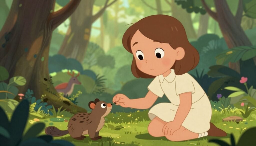 A young Jane Goodall in her early life, depicting her curiosity and passion for nature. In the foreground, a bright-eyed young girl around 10 years old, wearing a simple, modest dress, is kneeling, examining a small animal in its natural habitat. The middle ground features a lush, green forest with trees and a variety of wildlife subtly visible, capturing a sense of exploration. The background includes soft, dappled sunlight filtering through the leaves, creating a warm, inviting atmosphere. The image conveys a mood of wonder and discovery, emphasizing her early connection to the animal world. Shot in a soft focus to highlight her expression and the vibrancy of nature. Colorful and friendly, designed to inspire curiosity. Image by Debsie. A young Jane Goodall in her early life, depicting her curiosity and passion for nature. In the foreground, a bright-eyed young girl around 10 years old, wearing a simple, modest dress, is kneeling, examining a small animal in its natural habitat. The middle ground features a lush, green forest with trees and a variety of wildlife subtly visible, capturing a sense of exploration. The background includes soft, dappled sunlight filtering through the leaves, creating a warm, inviting atmosphere. The image conveys a mood of wonder and discovery, emphasizing her early connection to the animal world. Shot in a soft focus to highlight her expression and the vibrancy of nature. Colorful and friendly, designed to inspire curiosity. Image by Debsie.