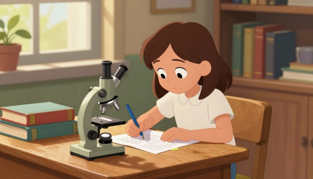 A young Jennifer Doudna, around eight years old, seated at a wooden desk cluttered with colorful science books and a microscope, is illuminated by soft, warm sunlight streaming through a window. She has shoulder-length brown hair, wearing a simple, modest white blouse and blue jeans, as she studies notes on genetics with curiosity. In the background, shelves filled with aged books and potted plants create a cozy atmosphere, subtly hinting at her academic foundation. The room has a scholarly ambiance, rich in natural colors, evoking a sense of wonder and potential. The composition captures a candid moment of early intellectual curiosity, depicted with a slight depth of field to emphasize the foreground while keeping the background slightly blurred. This engaging scene embodies the theme of discovery and early passion for science. Designed for a friendly and informative feel, this image reflects the essence of Jennifer Doudna’s early life as a budding scientist. Debsie. A young Jennifer Doudna, around eight years old, seated at a wooden desk cluttered with colorful science books and a microscope, is illuminated by soft, warm sunlight streaming through a window. She has shoulder-length brown hair, wearing a simple, modest white blouse and blue jeans, as she studies notes on genetics with curiosity. In the background, shelves filled with aged books and potted plants create a cozy atmosphere, subtly hinting at her academic foundation. The room has a scholarly ambiance, rich in natural colors, evoking a sense of wonder and potential. The composition captures a candid moment of early intellectual curiosity, depicted with a slight depth of field to emphasize the foreground while keeping the background slightly blurred. This engaging scene embodies the theme of discovery and early passion for science. Designed for a friendly and informative feel, this image reflects the essence of Jennifer Doudna’s early life as a budding scientist. Debsie.