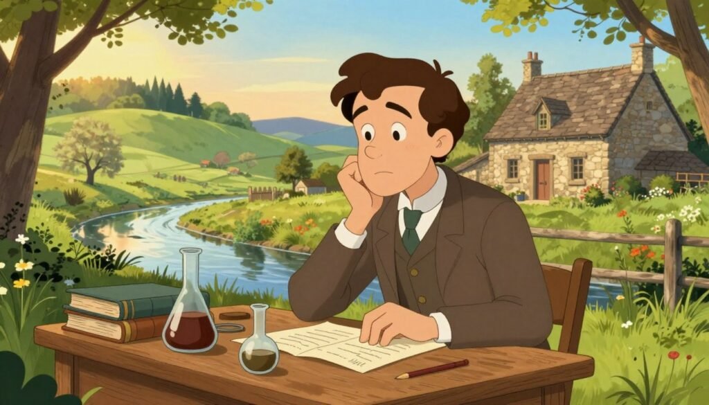 A young Louis Pasteur studying in a quaint French village during the mid-1800s, surrounded by nature. In the foreground, a thoughtful young Pasteur, around 20 years old, dressed in modest, period-appropriate clothing, sits at a wooden desk cluttered with scientific books, glassware, and notes. In the middle ground, a peaceful countryside landscape with rolling hills and a small river reflects a vibrant spring atmosphere. The background features a picturesque stone cottage, symbolizing his humble beginnings. Soft, warm lighting of a late afternoon sun filters through trees, creating a serene and focused mood. The scene captures the essence of curiosity and determination in scientific exploration. Colorful and inviting, the image embodies the early academic inspiration of Louis Pasteur. --v 5 --ar 16:9 --q 2 --style Debsie