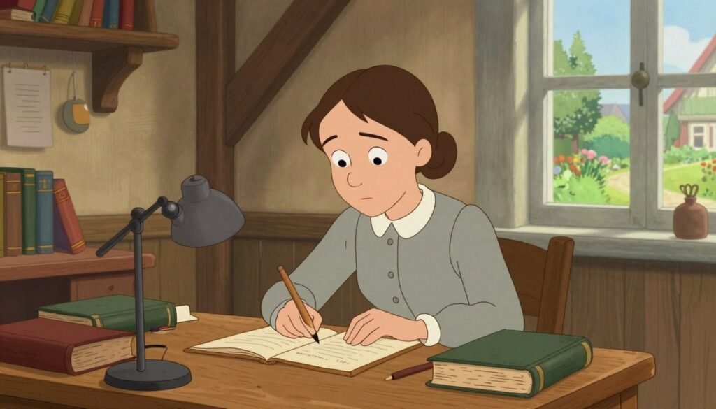 A young Marie Curie in her early life in Poland, depicted as an ambitious student immersed in her studies at a modest wooden desk. She's surrounded by books and scientific equipment, wearing a simple but elegant dress reflective of the late 19th century. The background features a quaint Polish home with wooden beams and a window showing a serene garden, symbolizing her upbringing. Soft, warm lighting filters through the window, creating an inviting atmosphere that reflects her determination and intellect. The scene is captured from a slightly elevated angle, emphasizing both her focused expression and the surrounding elements. The overall mood is one of curiosity and promise, with vibrant colors highlighting the warmth of her early nurturing environment. Brand name: Debsie.