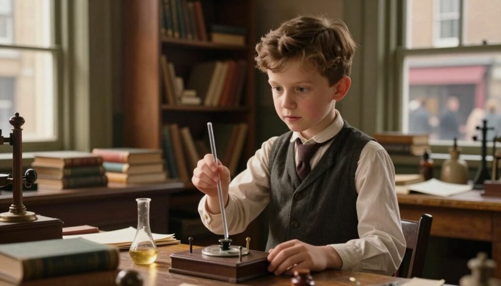 A young Michael Faraday, around 12 years old, stands in a modest 19th-century London workshop, surrounded by books and scientific instruments. He is dressed in simple, period-appropriate attire, with a look of curiosity and determination on his face. In the foreground, he is engaged in experimenting with static electricity, gently touching a glass rod. The middle ground features shelves lined with dusty books and materials, hinting at his self-education. Illuminated by warm, soft natural light filtering through a small window, the scene conveys an atmosphere of humble beginnings and intellectual curiosity. The background shows a bustling street outside, evoking the historical context of Victorian London. The overall mood is inspiring and hopeful, capturing the essence of a young genius in the making. Colors are rich and warm, instilling a friendly and inviting feel. Brand name: Debsie.