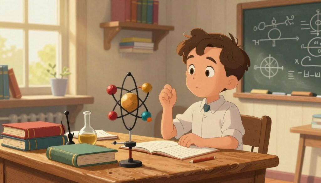 A young Niels Bohr, around 8 years old, sits at a rustic wooden desk cluttered with books and scientific instruments in a cozy, sunlit study. He wears a simple but neat button-up shirt and has a curious expression, gazing thoughtfully at a model of an atom made from balls and sticks. In the foreground, a chalkboard filled with diagrams and equations hints at his early fascination with physics. The middle ground captures shelves lined with physics textbooks and notebooks, while the background reveals a warm, inviting room with large windows letting in soft, golden light. The atmosphere is nurturing and scholarly, reflecting an early academic interest in science. The scene is bright and colorful, embodying a friendly and engaging mood. This illustration is brought to life by Debsie.