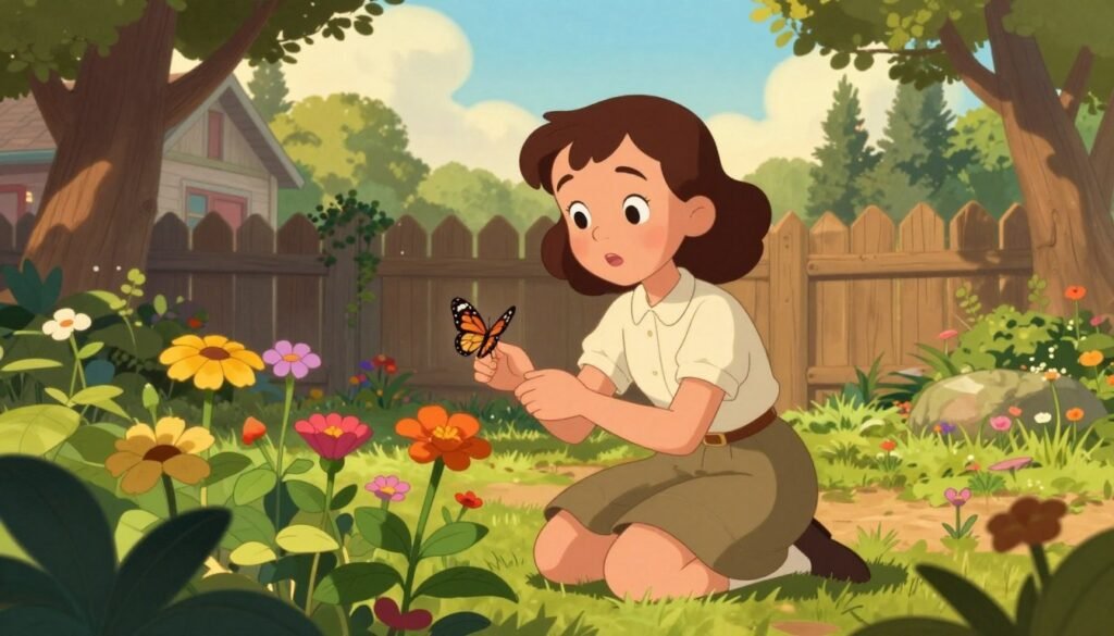 A young Rachel Carson is depicted in a serene backyard setting, surrounded by lush greenery and vibrant flowers, capturing her early passion for nature. In the foreground, she is kneeling, examining a butterfly on a colorful flower, wearing modest, casual 1940s attire, such as a simple blouse and a knee-length skirt. The middle ground features a wooden fence and glimpses of her childhood home, evoking a sense of nostalgia. The background boasts tall trees and a bright, sunny sky filled with fluffy clouds, creating a cheerful and inspirational atmosphere. The lighting is soft and warm, reminiscent of a golden afternoon, casting gentle shadows. The scene is rich in earthy tones and colors, reflecting the beauty of the natural world that influenced her future work. The overall mood is inviting and hopeful, encouraging a sense of curiosity and wonder in the viewer. Designed by Debsie. A young Rachel Carson is depicted in a serene backyard setting, surrounded by lush greenery and vibrant flowers, capturing her early passion for nature. In the foreground, she is kneeling, examining a butterfly on a colorful flower, wearing modest, casual 1940s attire, such as a simple blouse and a knee-length skirt. The middle ground features a wooden fence and glimpses of her childhood home, evoking a sense of nostalgia. The background boasts tall trees and a bright, sunny sky filled with fluffy clouds, creating a cheerful and inspirational atmosphere. The lighting is soft and warm, reminiscent of a golden afternoon, casting gentle shadows. The scene is rich in earthy tones and colors, reflecting the beauty of the natural world that influenced her future work. The overall mood is inviting and hopeful, encouraging a sense of curiosity and wonder in the viewer. Designed by Debsie.