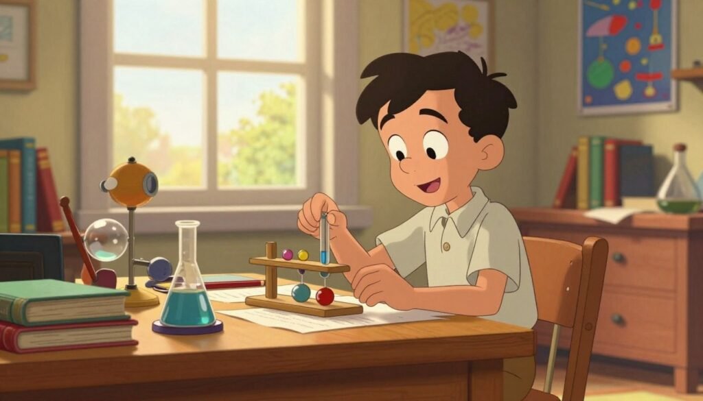 A young Richard Feynman, around the age of 10, depicted in a warm, inviting home study filled with books and scientific models. In the foreground, he is seated at a wooden desk, deeply focused on a science experiment, with a look of curiosity and joy. His casual attire is a simple button-up shirt and shorts, embodying the innocence of childhood. In the middle ground, a large window lets in soft, golden afternoon light, illuminating the clutter of papers and tools around him. The background features a cozy room adorned with shelves of books and colorful posters of scientific discoveries. The mood is nostalgic and inspiring, celebrating youthful intellectual curiosity. The overall composition is colorful and bright, with a friendly atmosphere, reflecting a moment of discovery. Designed by Debsie.