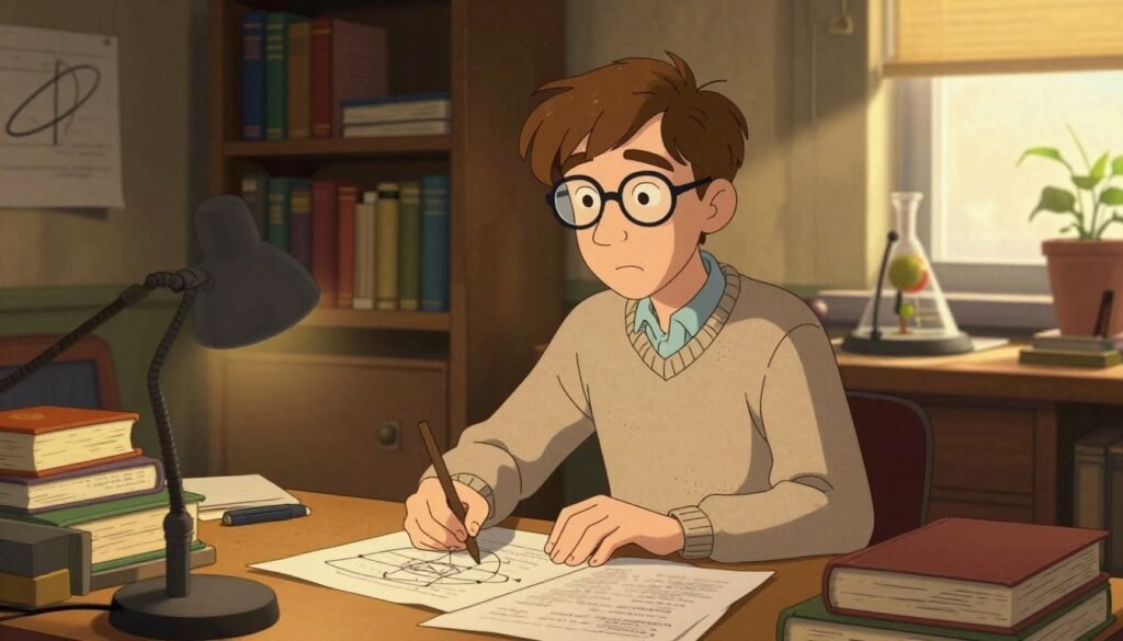 A young Stephen Hawking, around 18 years old, sitting at a desk cluttered with textbooks and academic papers, representing his early academic foundations. He wears a simple, modest sweater and glasses, with a focused expression, emphasizing his inquisitive nature. Surround him with various scientific instruments and charts that hint at his interest in astrophysics. The background shows a cozy, slightly worn study filled with shelves of books, softly lit by a warm, golden light filtering in through a window. The atmosphere is one of curiosity and determination, reflecting the spirit of a budding scientist. A hint of color from plants or posters adds warmth. Capture this moment in a realistic, inviting style, highlighting the essence of his early life. Debsie.