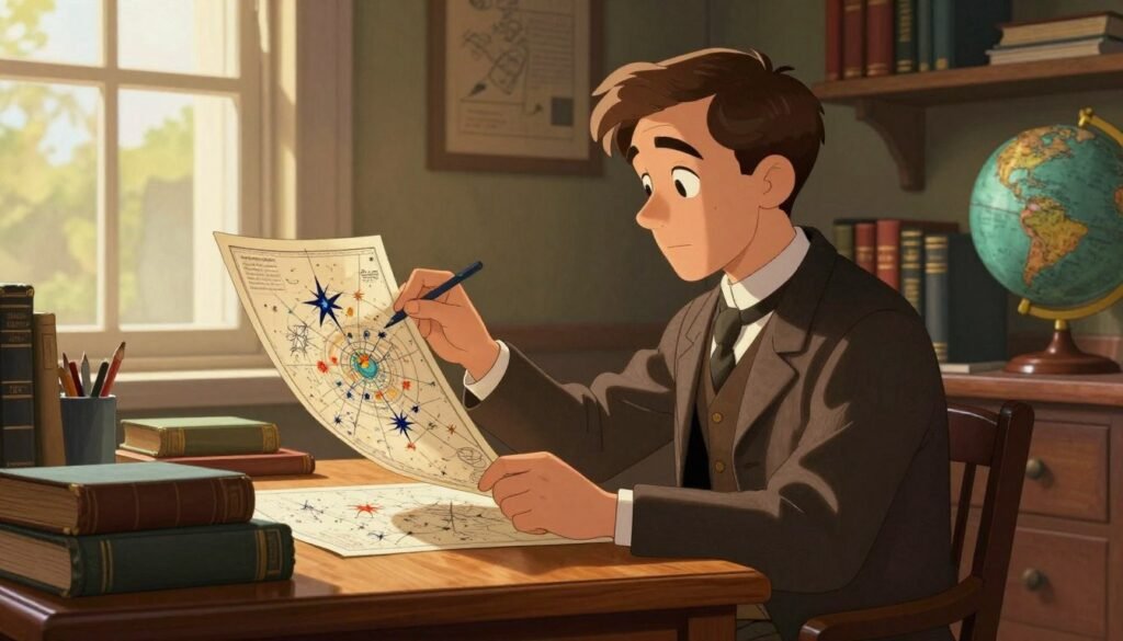 A young man resembling Edwin Hubble, dressed in early 20th-century academic attire, sits at a wooden desk in a cozy study filled with books and scientific charts. Sunlight streams through a window, casting warm, natural light across the room, highlighting his focused expression as he studies a star map. In the background, shelves brimming with astronomy texts and a globe lend a scholarly ambiance. The atmosphere is calm and inspiring, inviting curiosity about the universe. The composition should be intimate, shot from a slight angle to capture both the subject and the supportive environment, with vibrant colors that evoke a sense of wonder and ambition. This artwork is attributed to Debsie. A young man resembling Edwin Hubble, dressed in early 20th-century academic attire, sits at a wooden desk in a cozy study filled with books and scientific charts. Sunlight streams through a window, casting warm, natural light across the room, highlighting his focused expression as he studies a star map. In the background, shelves brimming with astronomy texts and a globe lend a scholarly ambiance. The atmosphere is calm and inspiring, inviting curiosity about the universe. The composition should be intimate, shot from a slight angle to capture both the subject and the supportive environment, with vibrant colors that evoke a sense of wonder and ambition. This artwork is attributed to Debsie.