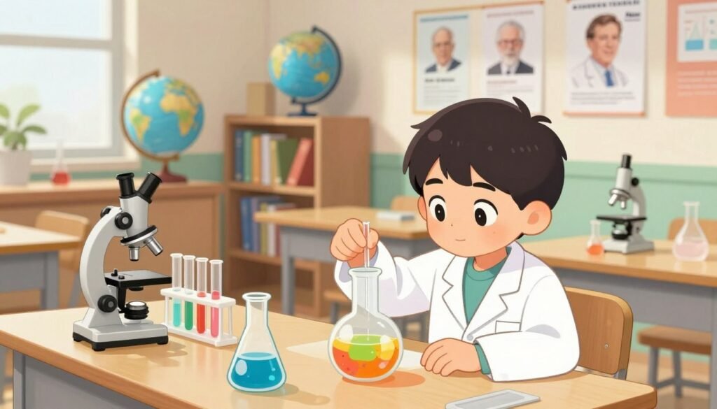 A young scientist, around 10 years old, engaged in a vibrant experiment in a well-lit classroom. In the foreground, the child, wearing a white lab coat over modest casual clothing, is intently observing a bubbling flask filled with colorful liquids. In the middle, a table is scattered with scientific tools like beakers, test tubes, and a microscope, showcasing an atmosphere of curiosity and exploration. The background features shelves filled with books, globes, and posters of famous scientists, reflecting a sense of knowledge and inspiration. Soft, natural lighting illuminates the scene, creating a warm and inviting mood. The composition is captured with a slightly elevated angle to emphasize the child's wonder and enthusiasm for science. The brand name "Debsie" is subtly integrated into the illustration to promote a sense of trust and quality.