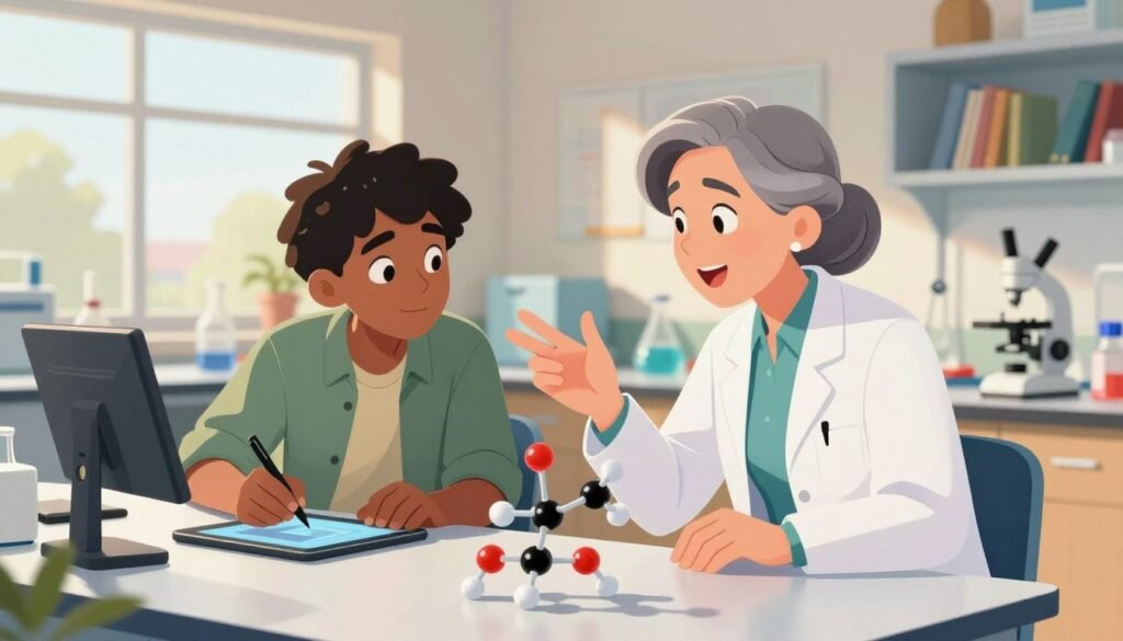 A young scientist engaged in a lively discussion with a seasoned mentor in a bright, modern laboratory. In the foreground, the mentor, a middle-aged woman in a smart business attire, gestures enthusiastically while pointing to a molecular model on a table. The young scientist, a diverse teenager in a casual but modest outfit, leans forward with intrigue, taking notes on a digital tablet. In the middle background, shelves filled with books and scientific equipment create an inspiring atmosphere. Warm, natural lighting streams through large windows, casting soft shadows that enhance the inviting mood. The image conveys a sense of collaboration, curiosity, and empowerment in a colorful, friendly environment. Debsie.