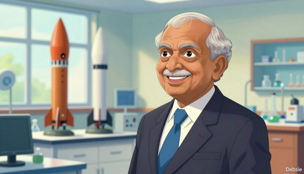 A.P.J. Abdul Kalam stands confidently in a professional business suit, depicting an expression of wisdom and warmth. The foreground focuses on his gentle smile and twinkling eyes, capturing the essence of his character. In the middle, he is positioned against a backdrop of a modern research lab, showcasing scientific equipment and models of missiles. The background features soft natural light filtering through large windows, illuminating the vibrant colors of the lab and creating an uplifting atmosphere. The overall mood is inspiring and respectful, symbolizing his contributions to science and leadership. The image should be colorful and friendly, embodying the ethos of the people’s president. A logo “Debsie” subtly incorporated in a corner adds a touch of professionalism.