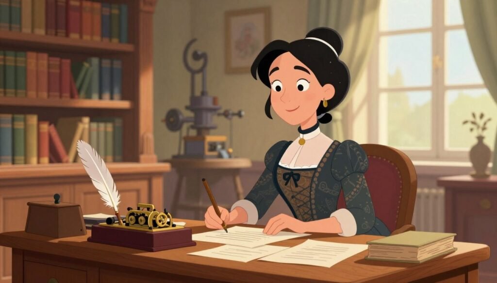 Ada Lovelace, depicted as a confident woman in her mid-30s, dressed in an elegant Victorian-era dress with intricate patterns. In the foreground, she is seated at a large wooden desk cluttered with papers, a quill, and an early mechanical calculator, embodying the spirit of innovation. The middle ground features an ornate library filled with books on mathematics and science, softly illuminated by warm, natural light streaming through a large window, casting gentle shadows. In the background, an abstract representation of early computing machinery hints at her groundbreaking ideas. The atmosphere is one of inspiration and intellectual curiosity, emphasizing her role as a pioneer in computing. Captured with a soft focus lens to evoke a dreamlike quality, the image promotes a sense of wonder regarding technology's potential. Colorful and minimal, branded with "Debsie."