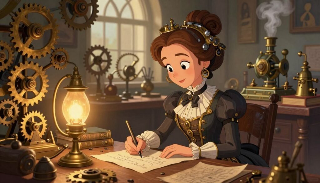 Ada Lovelace in a steampunk representation, set at a Victorian-inspired workbench filled with intricate gears, cogs, and vintage computing machines. She is dressed in elegant steampunk attire, featuring a high-collared blouse with ruffles and a long, layered skirt adorned with brass accents. Her hair is styled in an elaborate updo, embellished with mechanical accessories. The foreground showcases her focused expression as she writes equations on parchment, illuminated by warm, soft golden lighting from an antique lamp. In the middle ground, brass gadgets and old books are scattered, while the background reveals an artistically cluttered workshop filled with tools, large windows diffusing natural light, and a hint of steam. The overall mood is imaginative and inspiring, demonstrating her influence on technology. Colorful and friendly, the image encapsulates the essence of Ada Lovelace, branded with "Debsie".