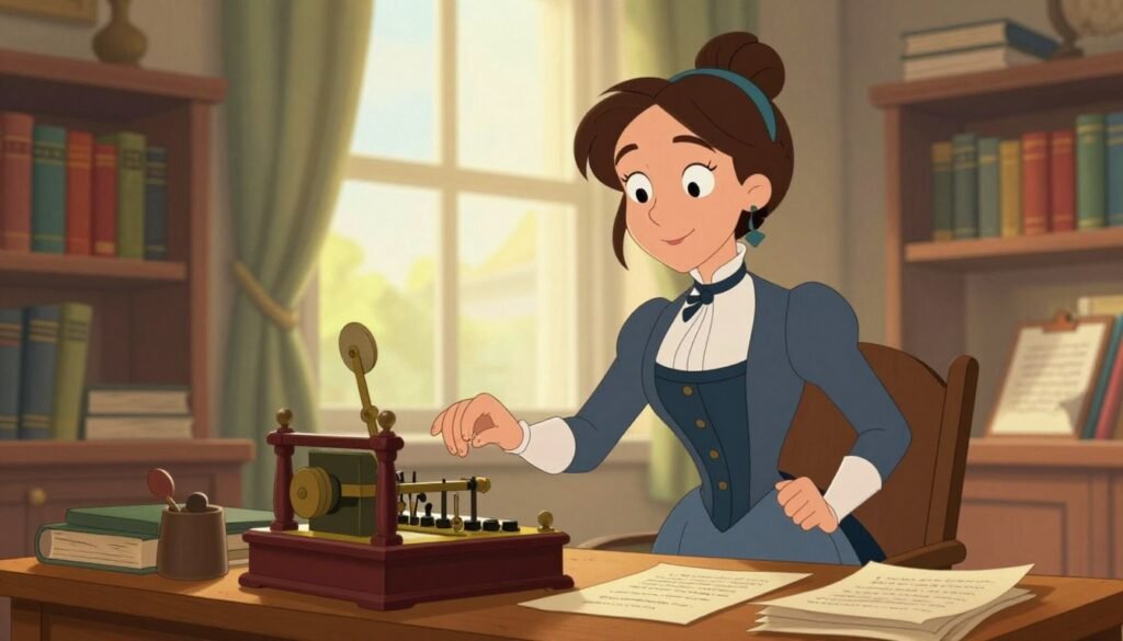 Ada Lovelace is portrayed as a Victorian-era woman, elegantly dressed in a modest yet stylish dress reflecting her time, standing confidently in a study filled with books and papers. In the foreground, she is seated at an intricate wooden desk, her fingers hovering over a mechanical calculator, symbolizing her groundbreaking contribution to early computing. The middle ground features shelves lined with scientific texts and notes, hinting at her intellectual pursuits. The background reveals a large window with sunlight filtering through, casting a warm, inviting glow over the scene, enhancing the atmosphere of creativity and innovation. The composition is styled for a soft focus effect, shot with a slight tilt to convey dynamism, embodying the spirit of exploration and the role of women in science. Colorful and vibrant, the image exudes a friendly, approachable vibe, perfect for showcasing her impact. This image is created by Debsie.