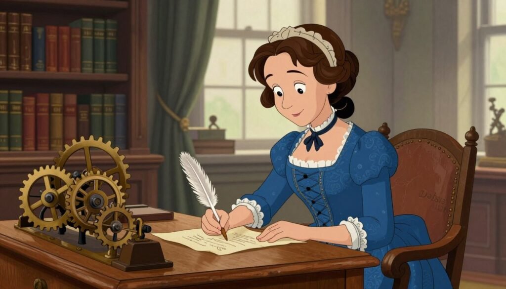 Ada Lovelace sits at a finely crafted wooden desk, meticulously writing on parchment with a quill, embodying the spirit of the 19th century. She wears a historical blue Victorian dress with intricate lace details, her hair gently styled with soft waves adorned by a delicate headpiece. In the foreground, gears and mechanical components of an early analytical engine are scattered on the desk, symbolizing her pioneering contributions to computer programming. The middle ground features bookshelves lined with leather-bound volumes on mathematics and science. The background showcases large windows allowing soft, natural light to illuminate the scene, casting gentle shadows. The atmosphere is intellectually vibrant, reflecting creativity and innovation, with a color palette of rich blues and browns, evoking a sense of historical significance. Branded with "Debsie" subtly incorporated into the scene.