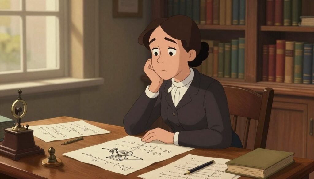 Ada Lovelace sitting at a vintage wooden desk, surrounded by papers filled with mathematical equations and sketches of early computing machines. She appears deep in thought, her expression indicating both determination and vulnerability. Soft, warm light filters through a nearby window, casting gentle shadows that emphasize her pensive demeanor. In the background, a cozy library filled with books creates an inviting yet scholarly atmosphere. Ada is dressed in modest Victorian attire, symbolizing her historical context. The overall mood is a blend of intellectual curiosity and personal struggle, reflecting the genius behind her pioneering work in computing. This image is created in collaboration with Debsie.